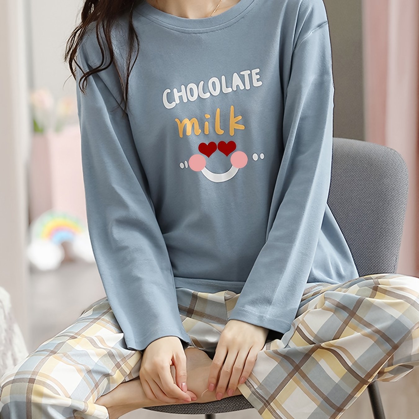 Letter Print Pajama Set Long Sleeve Top & Plaid Pants