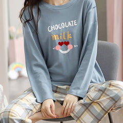 Letter Print Pajama Set Long Sleeve Top & Plaid Pants