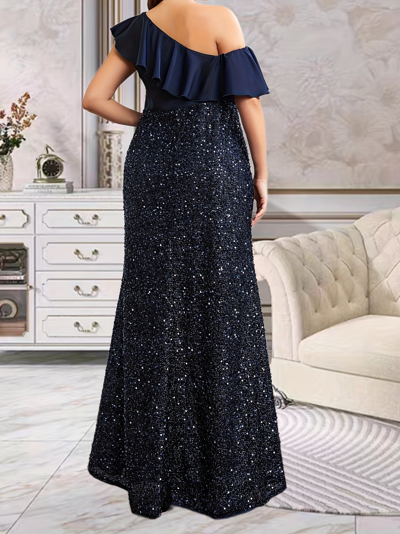 One Shoulder Ruffle Trim Maxi Formal Dress