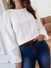 Eyelet Embroidery Sleeve Boat Neck Top