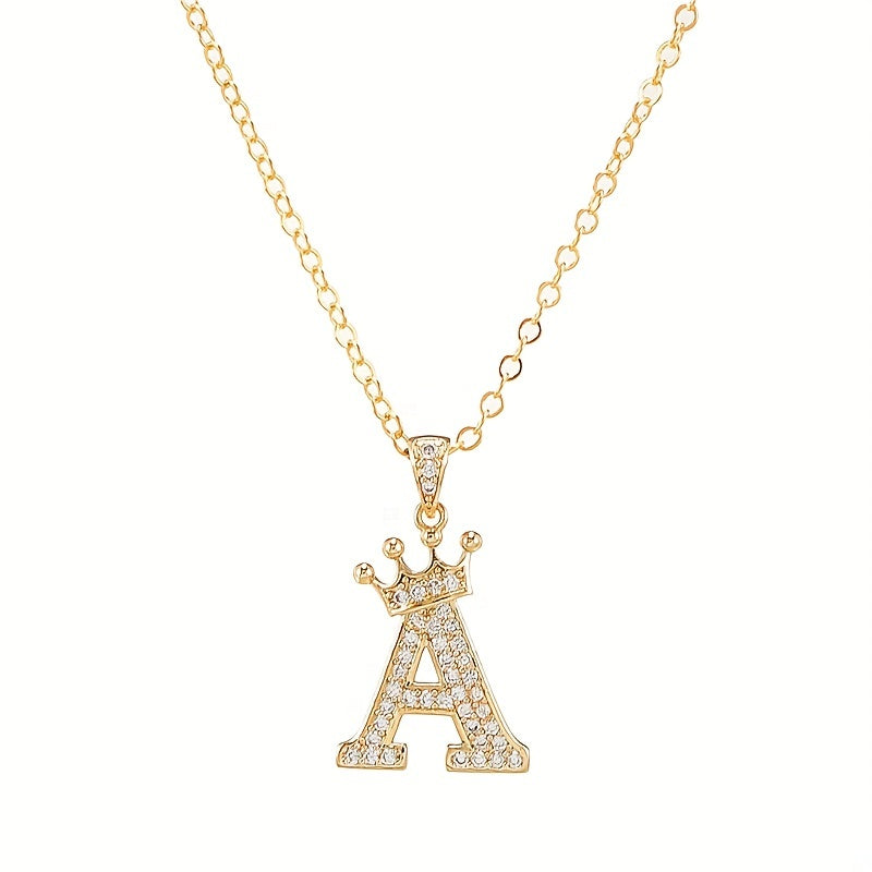 English Alphabet Crown Necklace Pendant with Zircon Inlay Clavicle Chain