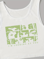 Staring Eye Crop Tank Top Sleeveless Summer Loose Sports Top