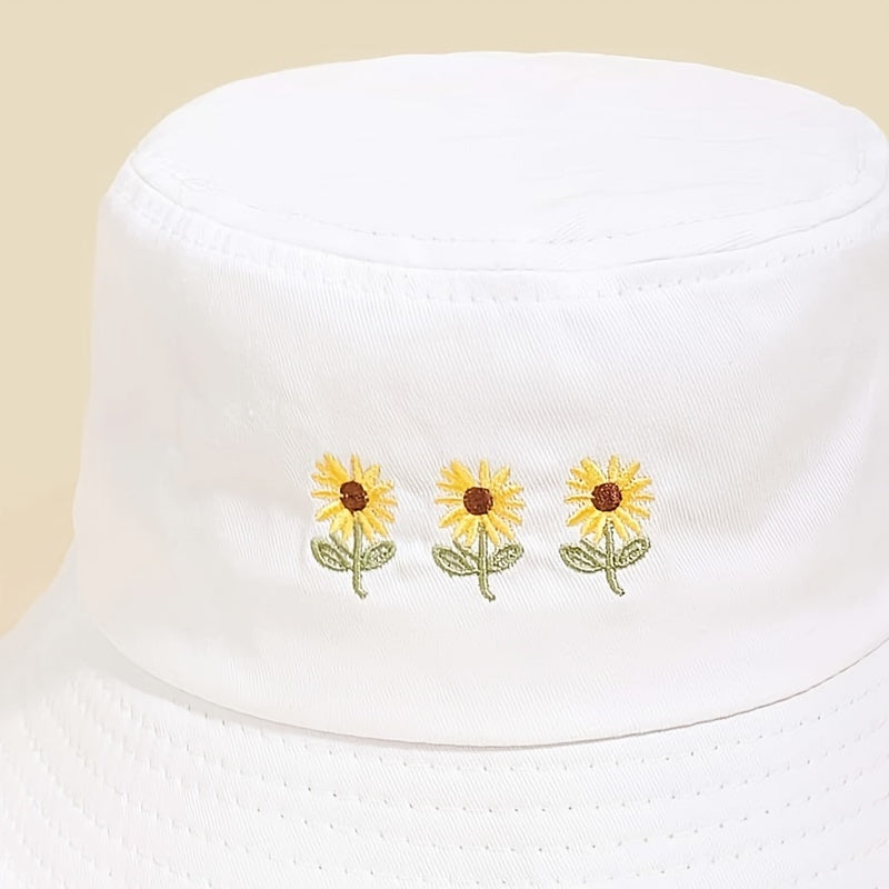 Three Flowers Embroidery Bucket Hat Solid Cotton Summer Sun Hat Women Basin Cap