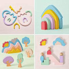 Wooden Building Blocks 46pcs Rainbow Monster Tree House Mountain Landscape Toy