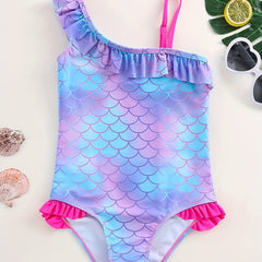Mermaid Tie Dye Ruffled Swimsuit for Girls - One Shoulder One Piece