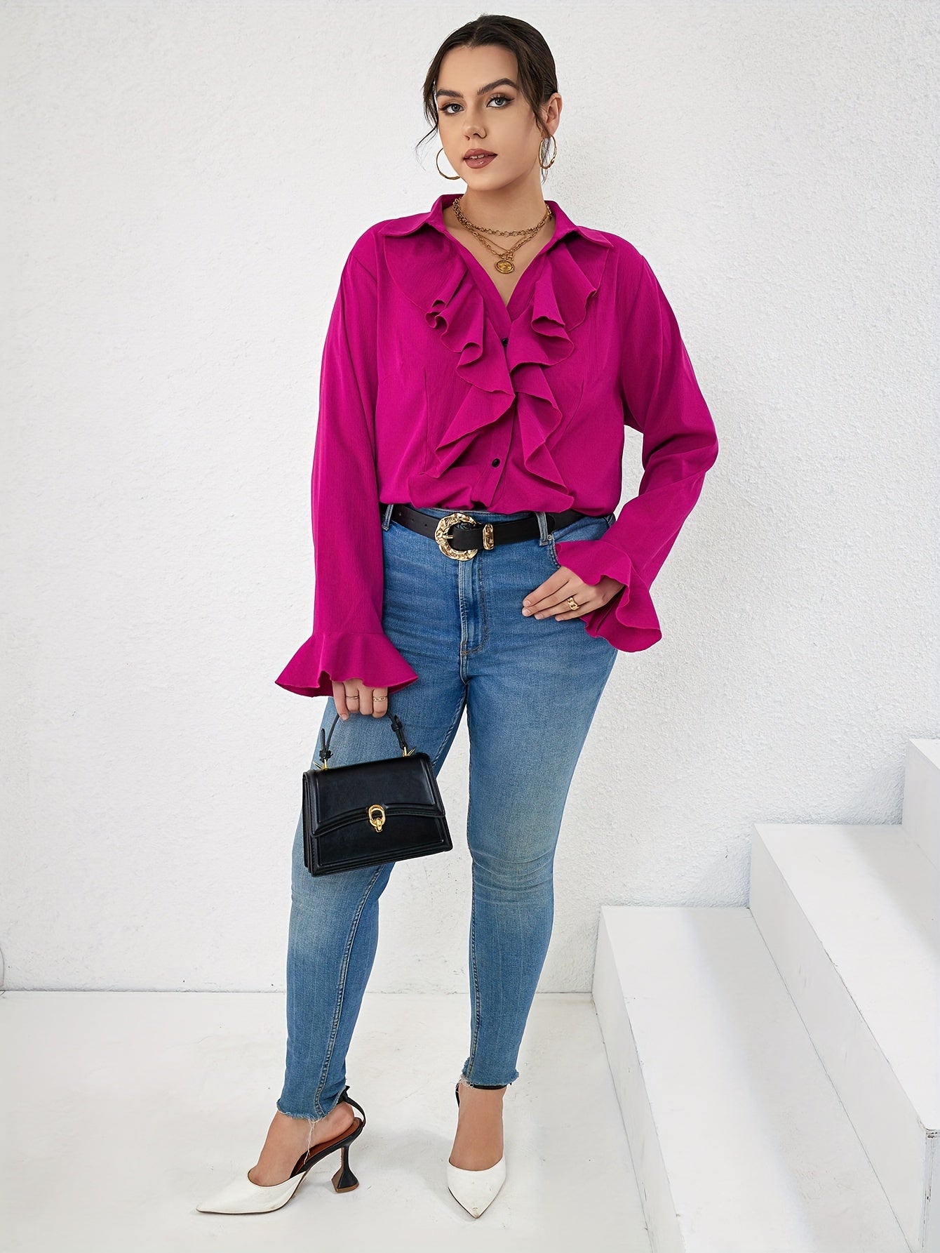 Casual Blouse Women's Plus Solid Ruffle Trim Button Up Bell Sleeve