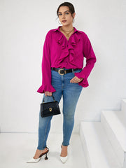 Casual Blouse Women's Plus Solid Ruffle Trim Button Up Bell Sleeve