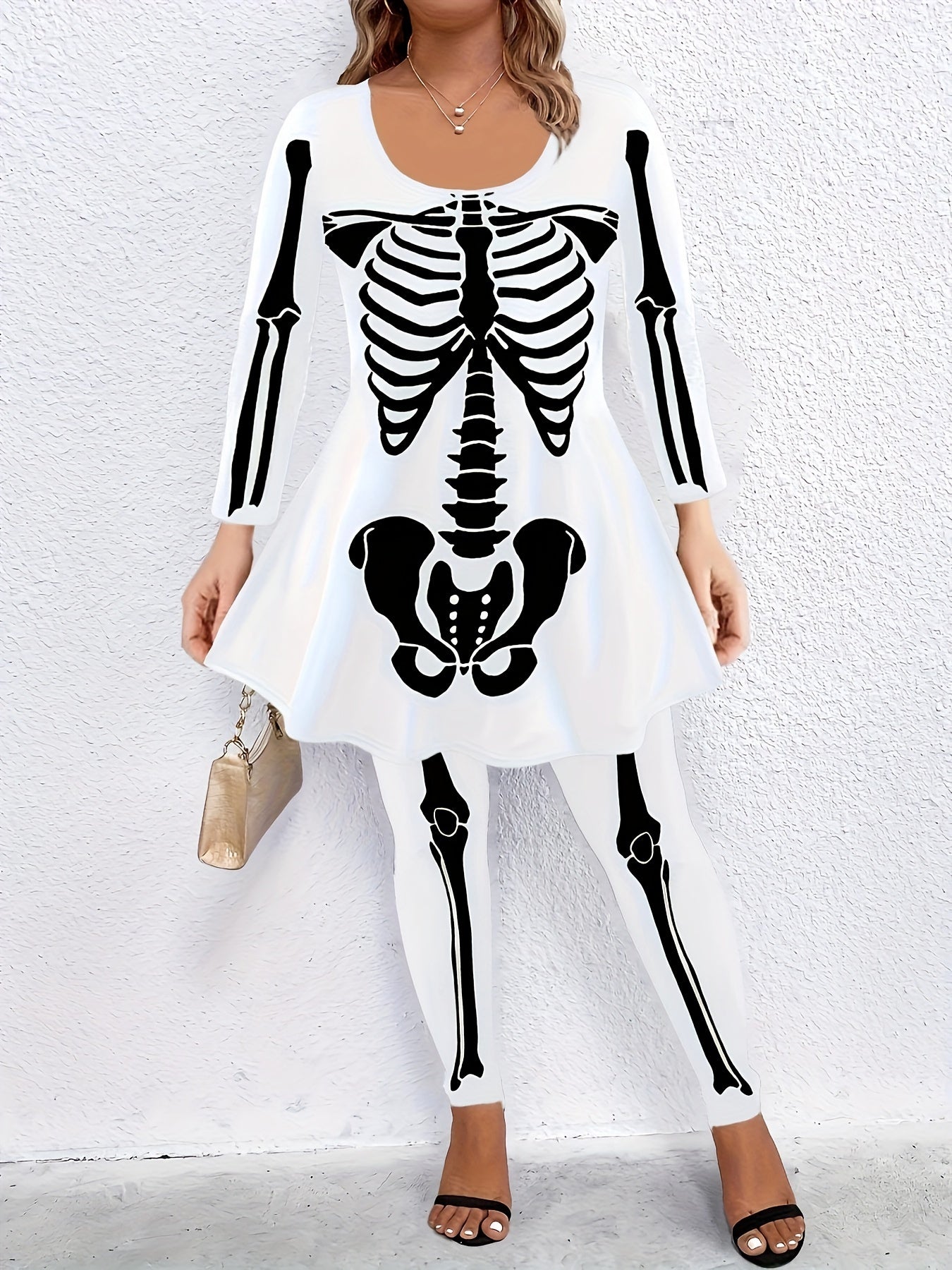 Women's Plus Skeleton Print Top & Legging Set Halloween Gothic Outfit