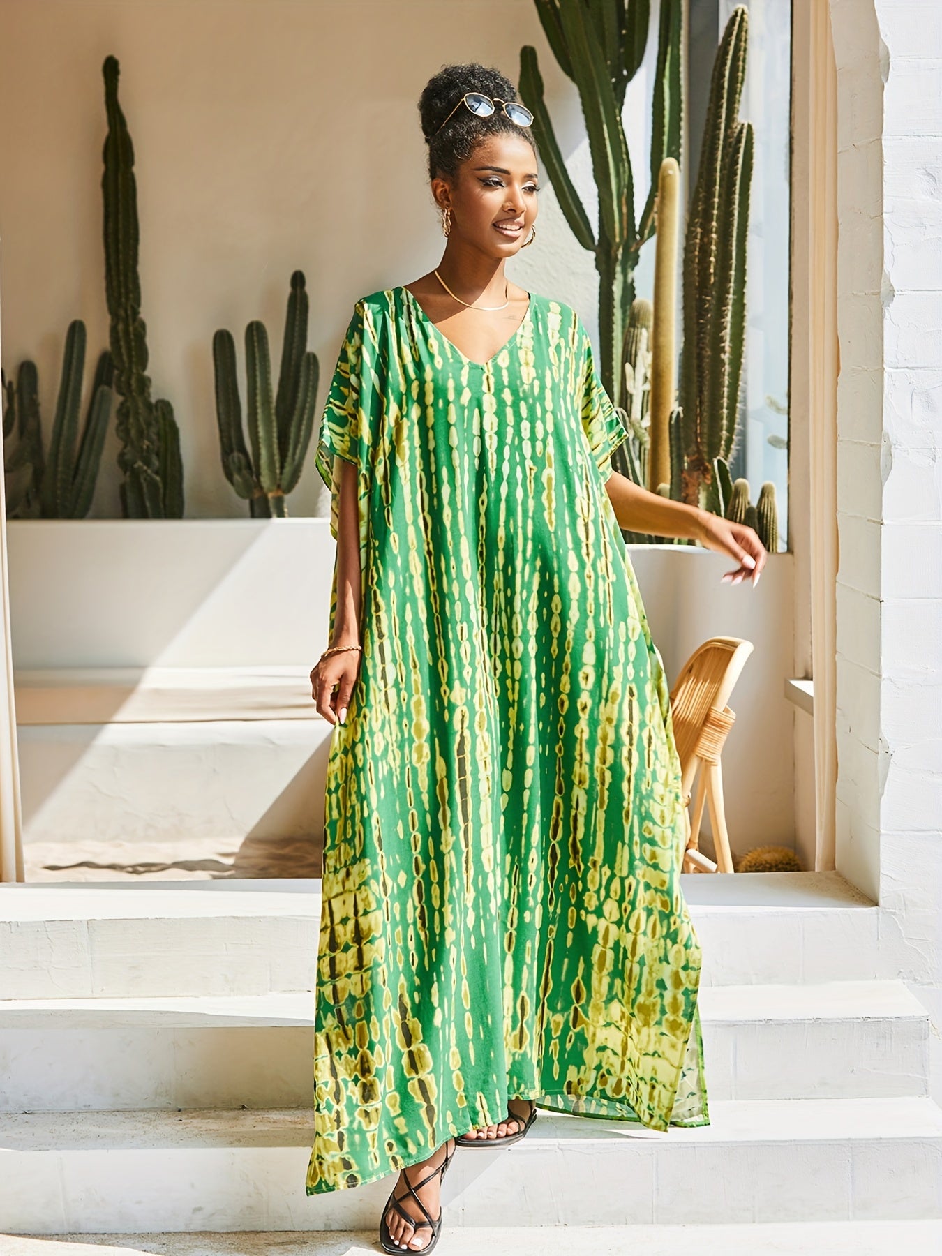 Tie Dye Striped V Neck Bat Sleeve Beach Cover Up Dress