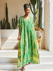 Tie Dye Striped V Neck Bat Sleeve Beach Cover Up Dress