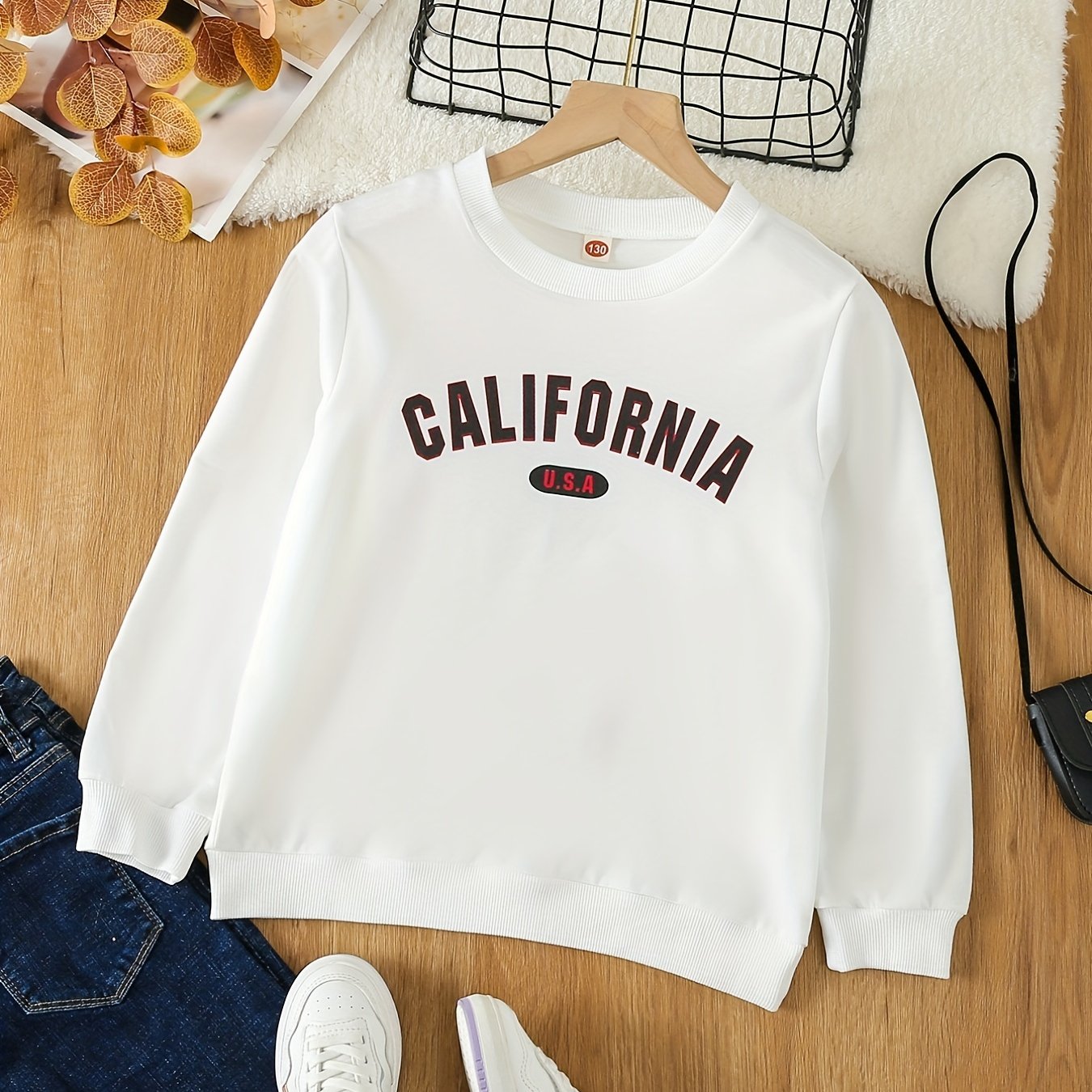 Girls California Print Crew Neck Sweatshirts Pullovers for Sports Casual Outfit