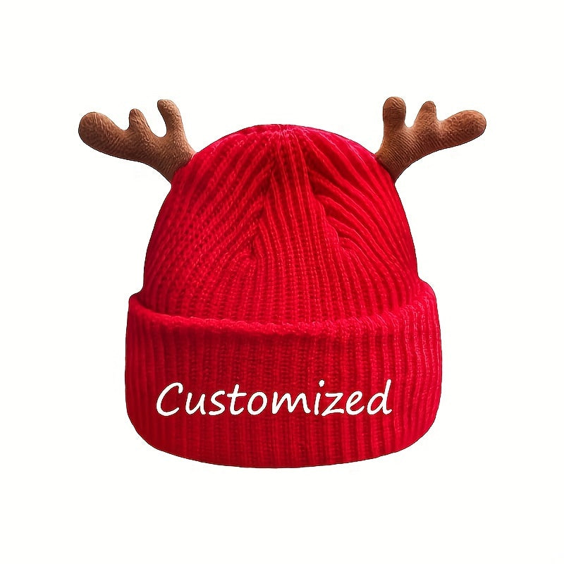 Personalized Christmas Red Knit Beanie Hat with Deer Antlers
