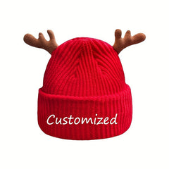 Personalized Christmas Red Knit Beanie Hat with Deer Antlers