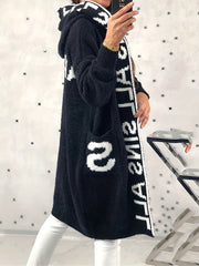 Letter Print Hooded Cardigan with Pockets