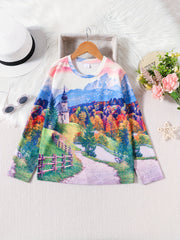 3D Landscape Print Kid's Pullover Top for Spring Fall Winter