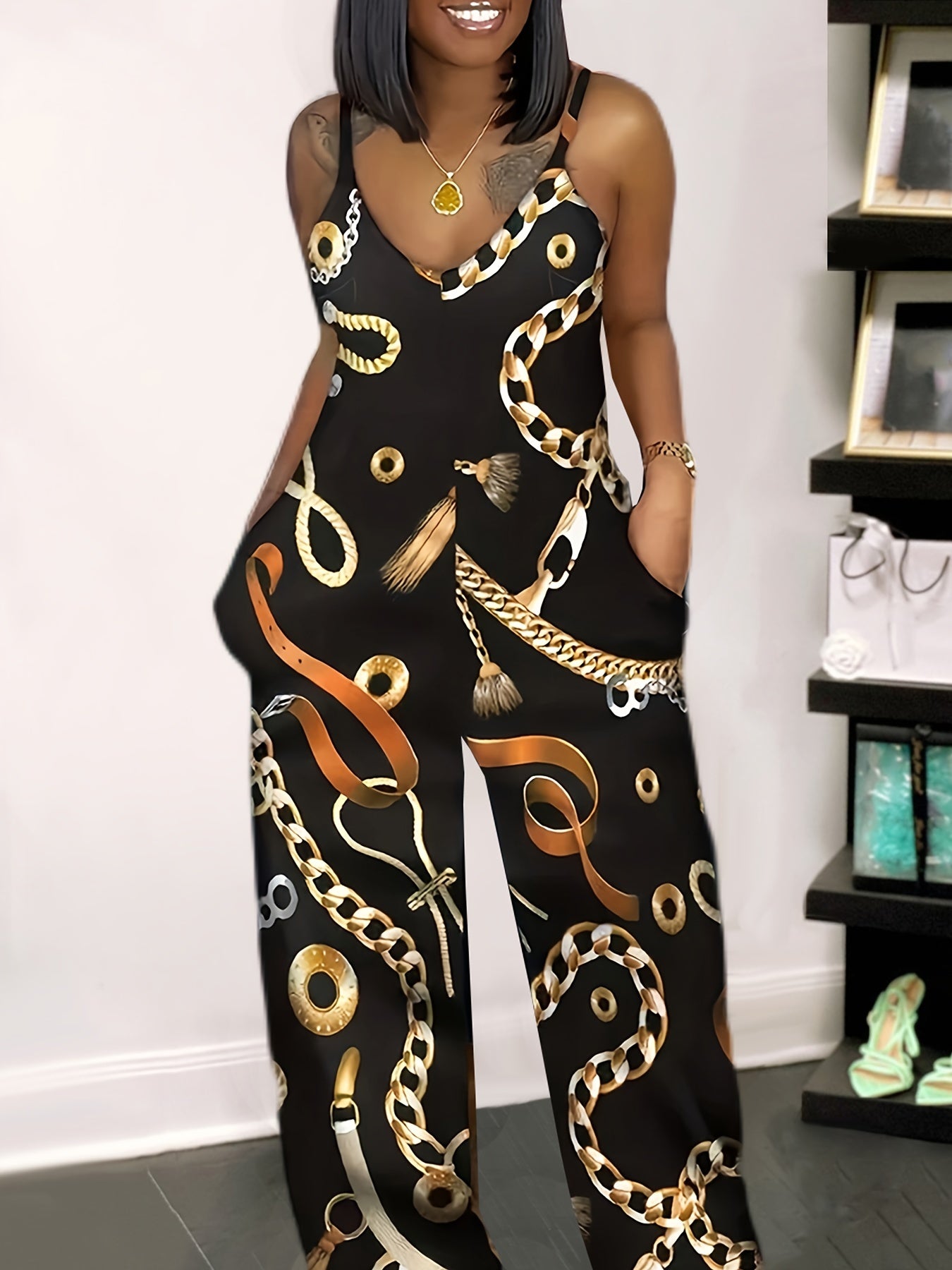 Chain Print Wide Leg Cami Jumpsuit Women's Clothing