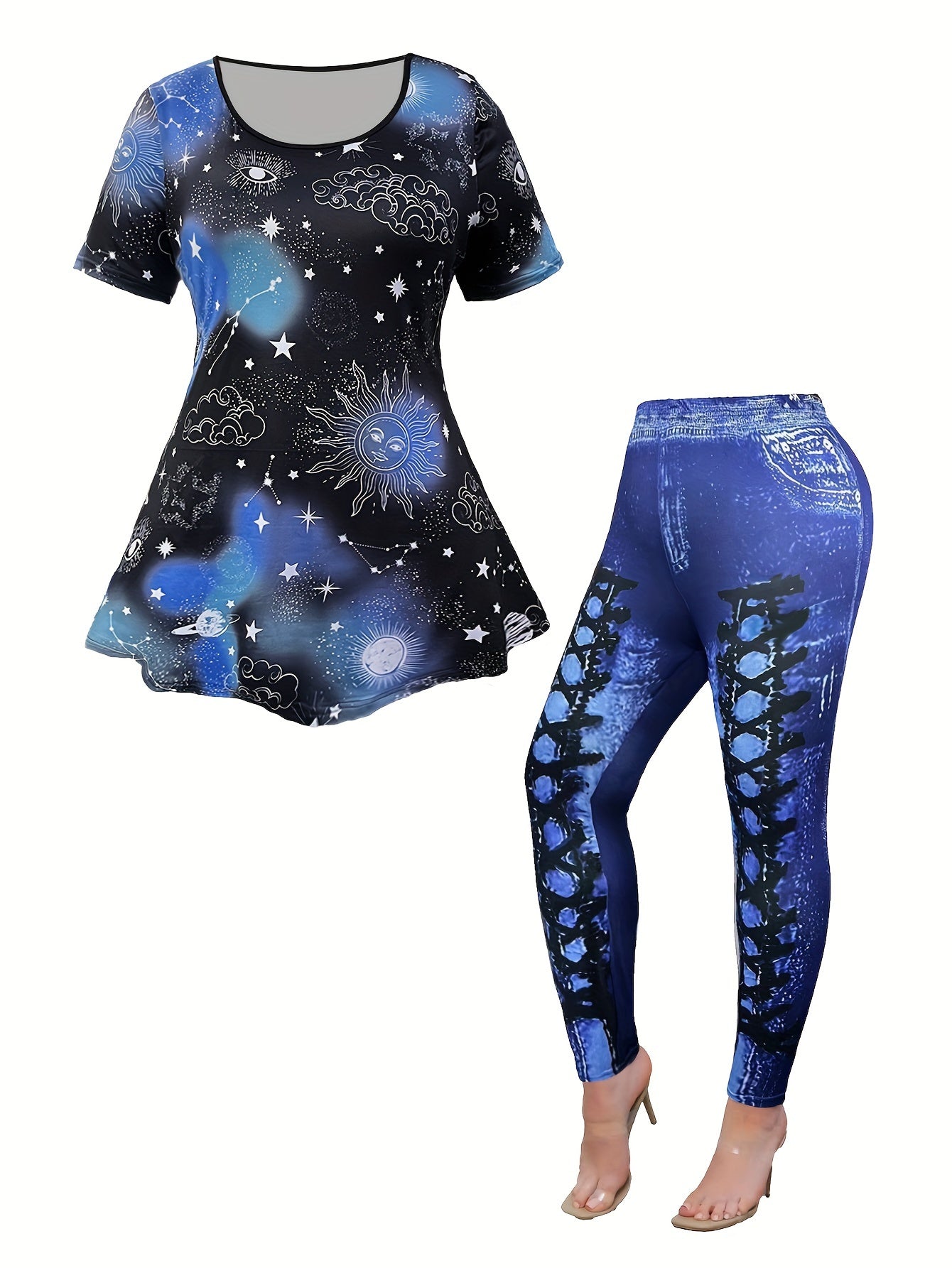 Galaxy Print Peplum Top & Denim Print Leggings Set