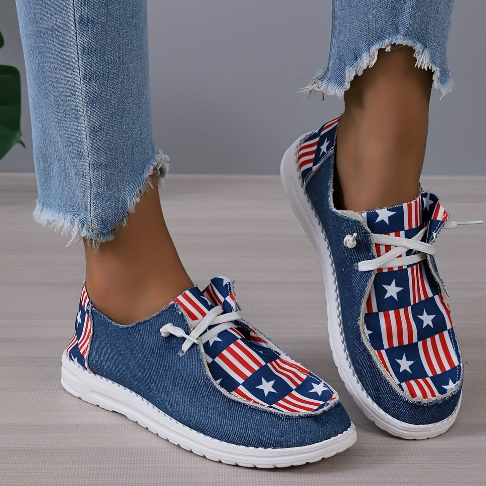 Women's Star & Striped Denim Shoes Lace-Up Lightweight Outdoor Walking Shoes