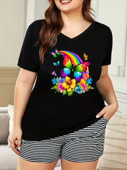 Women's Plus Rainbow & Butterfly Print V Neck Pajama Top