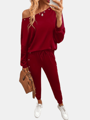 Beaded Decor Two piece Set Cold Shoulder Top & Joggers