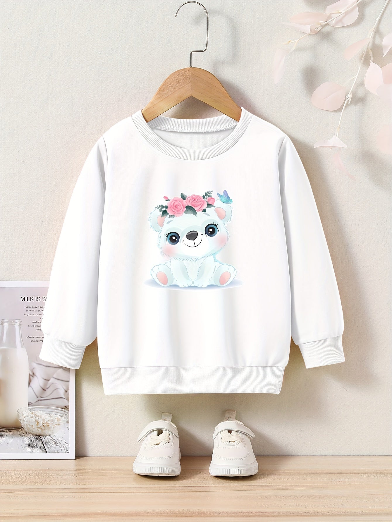 Adorable Flower Bear Crew Neck Sweatshirt Kids Christmas Gift