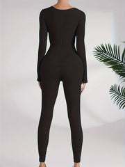 Long Sleeve Yoga Bodysuit Thumb Hole Square Neck Sports Jumpsuit