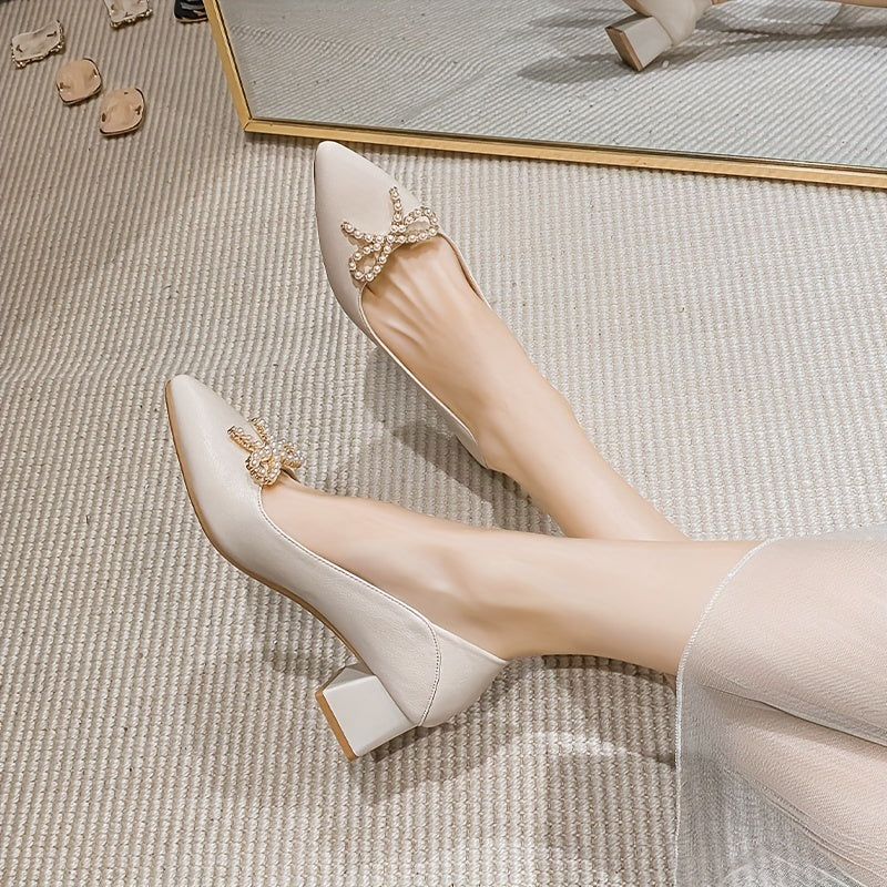 Pearl Bowknot Mid Heel Pointed Toe Pumps