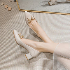 Pearl Bowknot Mid Heel Pointed Toe Pumps