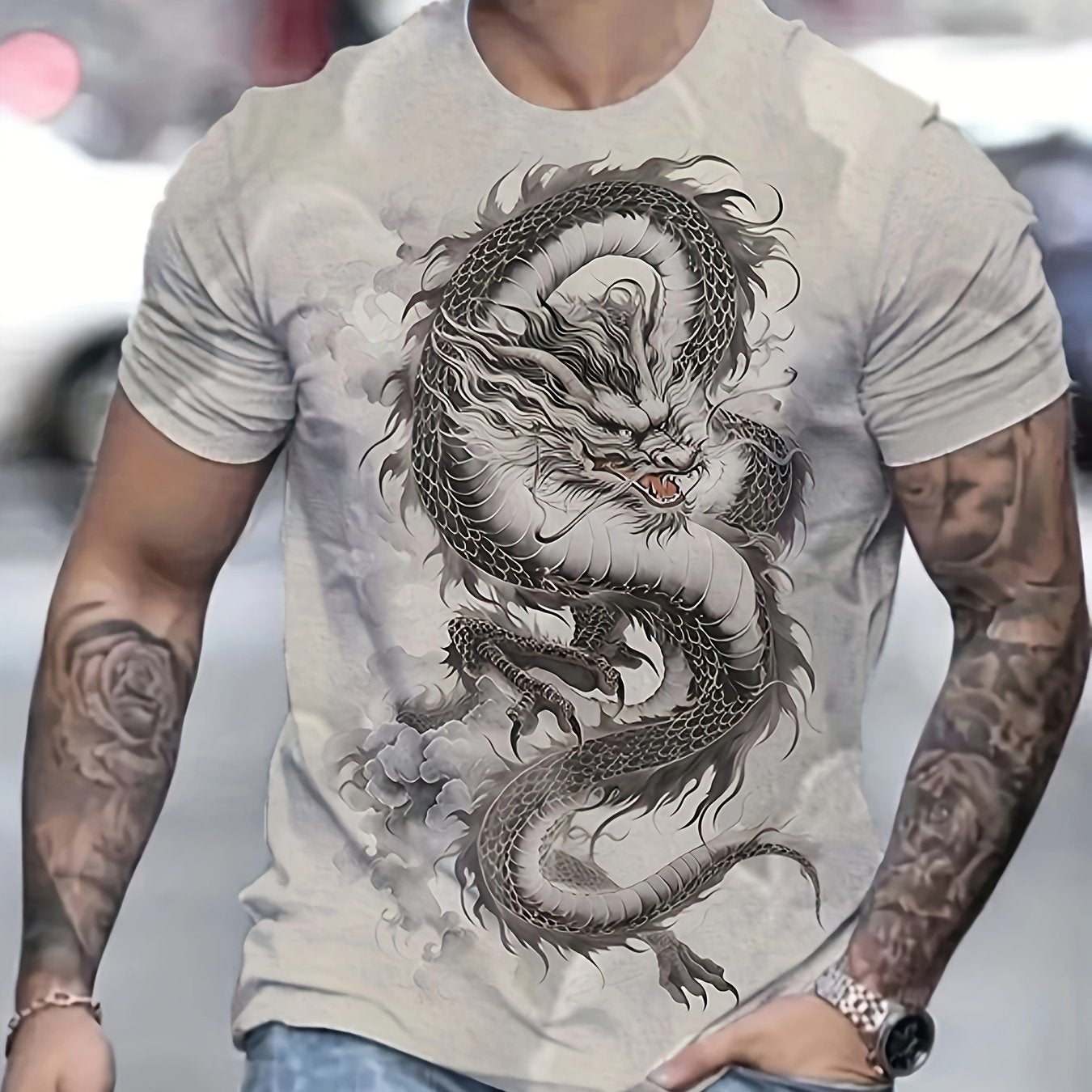 Dragon Pattern Casual Tee Street Style Summer T-shirt