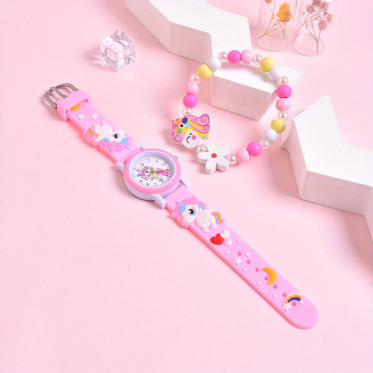 Girls' 3D Cartoon Horse Silicone Strap Watch Set with Wooden Bracelet