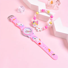 Girls' 3D Cartoon Horse Silicone Strap Watch Set with Wooden Bracelet