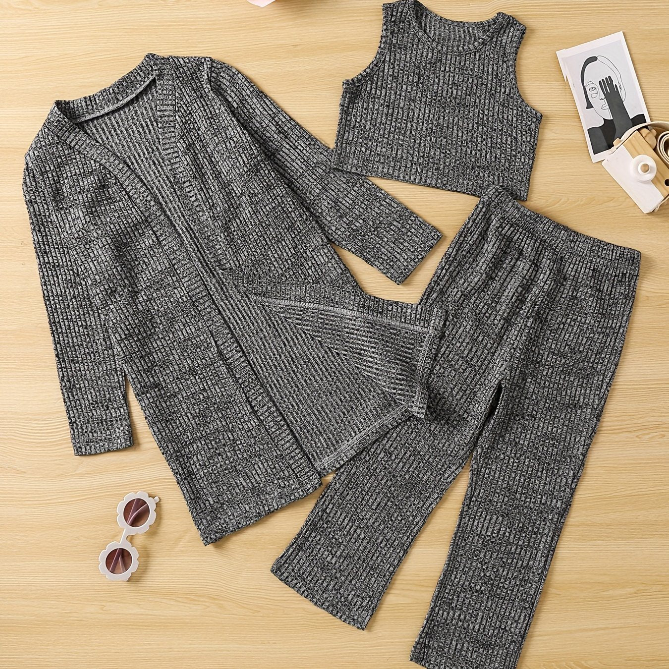 Girl's Cable Knit 2pcs Cardigan & Tank Top & Pants Set