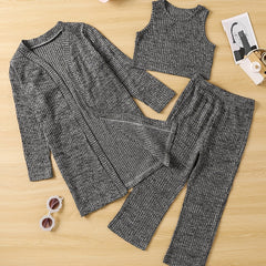 Girl's Cable Knit 2pcs Cardigan & Tank Top & Pants Set