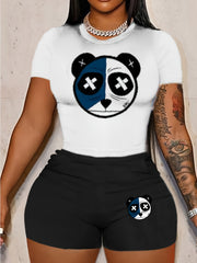 Cartoon Bear Print Two piece Set Short Sleeve Tops & Workout Shorts