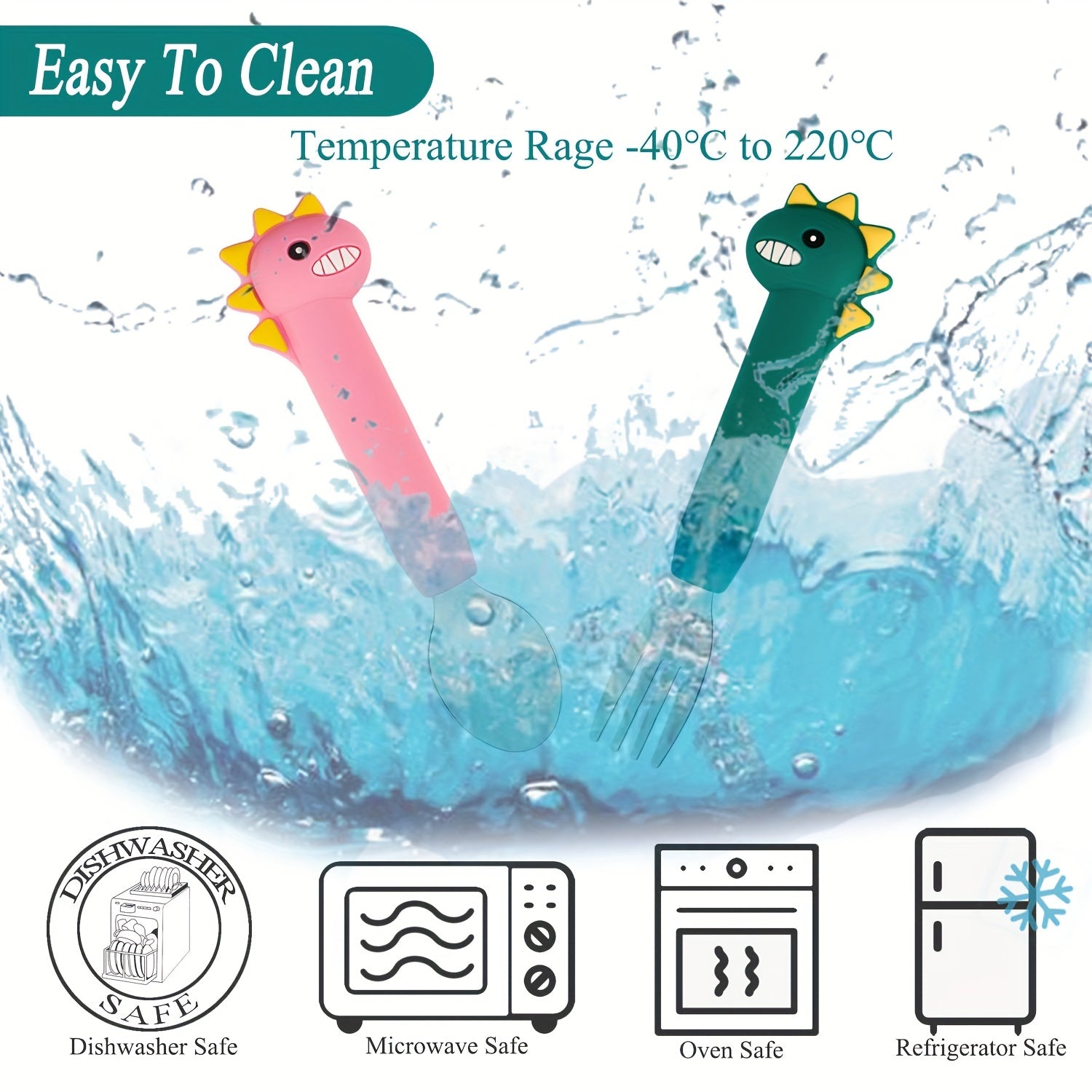 Dino Toddler Silverware Silicone Handle Safe Flatware Stainless Steel Cutlery