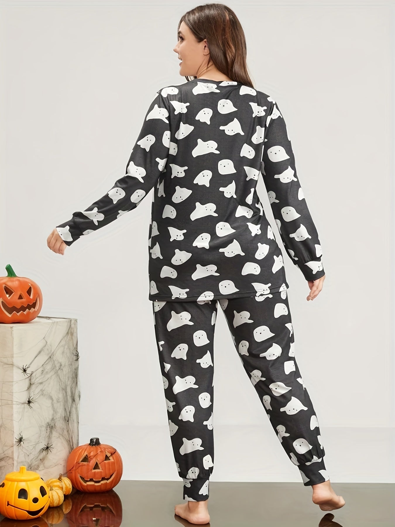 Women's Plus Ghost Print Lounge Set Long Sleeve Tee & Pants Two Piece