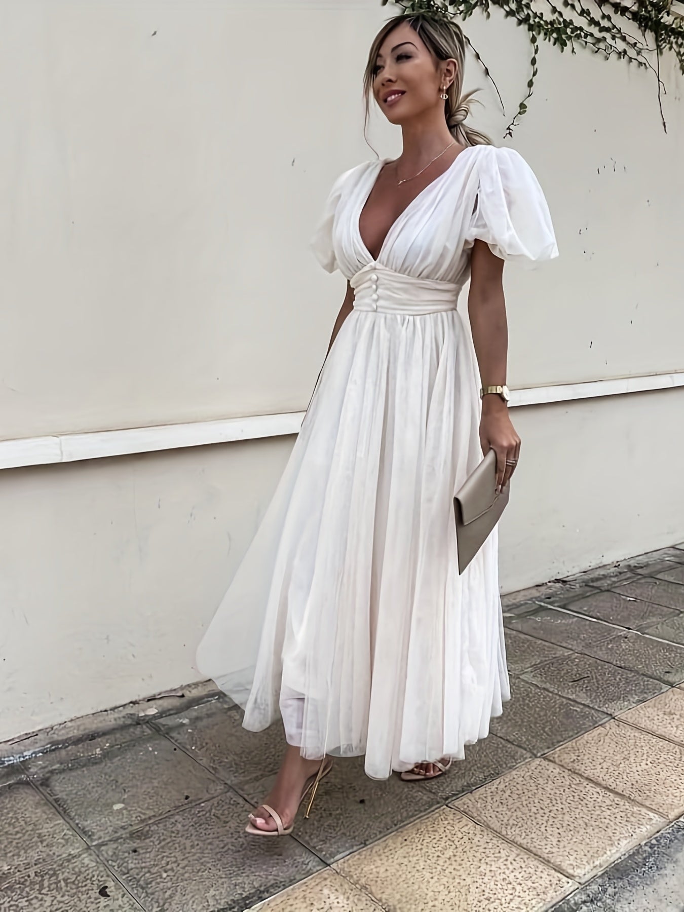 Plunging Wedding Dress Puff Sleeve Maxi Dress