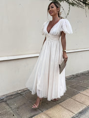 Plunging Wedding Dress Puff Sleeve Maxi Dress