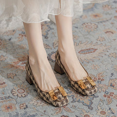 Retro Houndstooth Chunky Heels Classic Square Toe Pumps