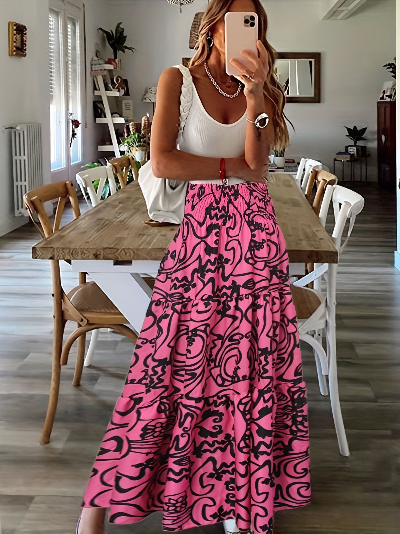 Abstract Print High Waist Boho Maxi Skirt Women's Clothing
