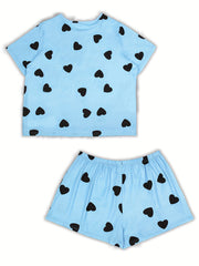 Heart Print Pajama Set - Short Sleeve Top & Shorts Lounge Set