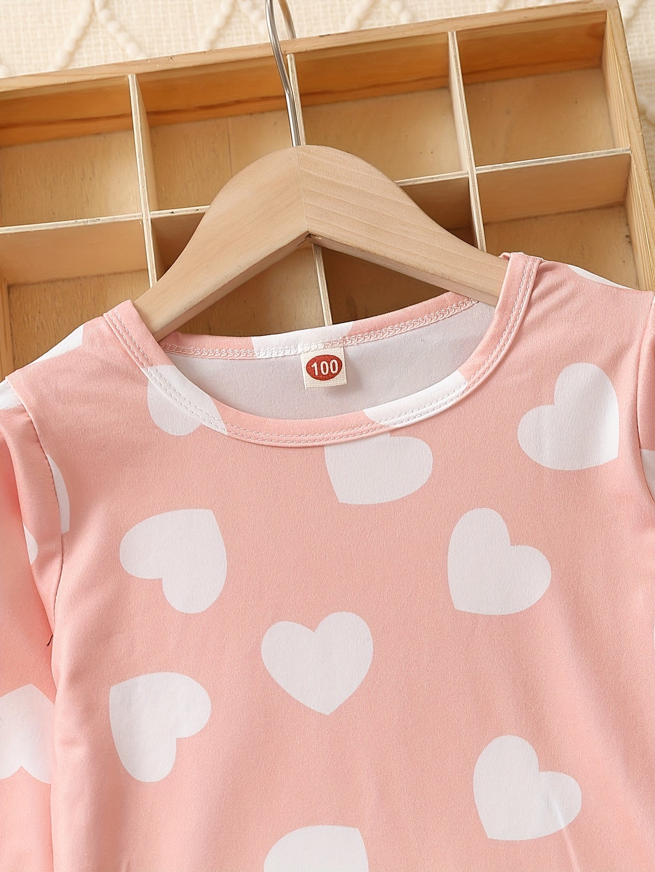 Heart Print Kid's Pajamas 2pcs Long Sleeve Top & Pants Set