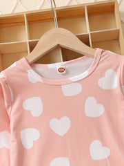 Heart Print Kid's Pajamas 2pcs Long Sleeve Top & Pants Set
