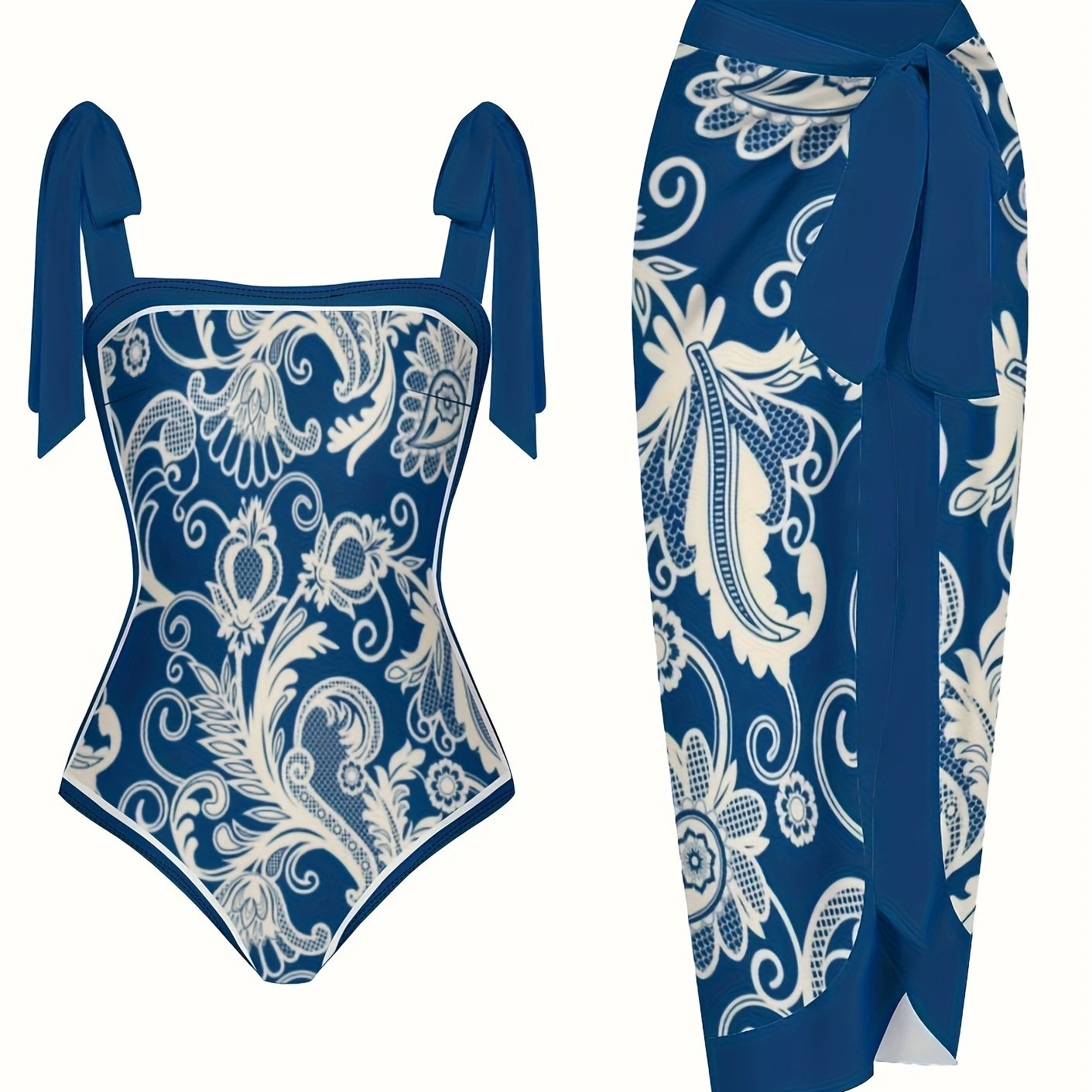 Boho Bikini Set Baroque Print Swimsuit & Cover Up Skirt Two Piece Set