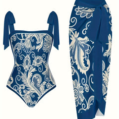 Boho Bikini Set Baroque Print Swimsuit & Cover Up Skirt Two Piece Set