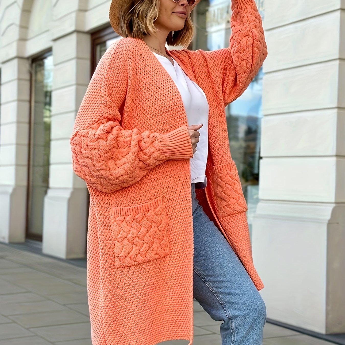 Cable Lantern Sleeve Cardigan with Pockets