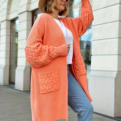Cable Lantern Sleeve Cardigan with Pockets