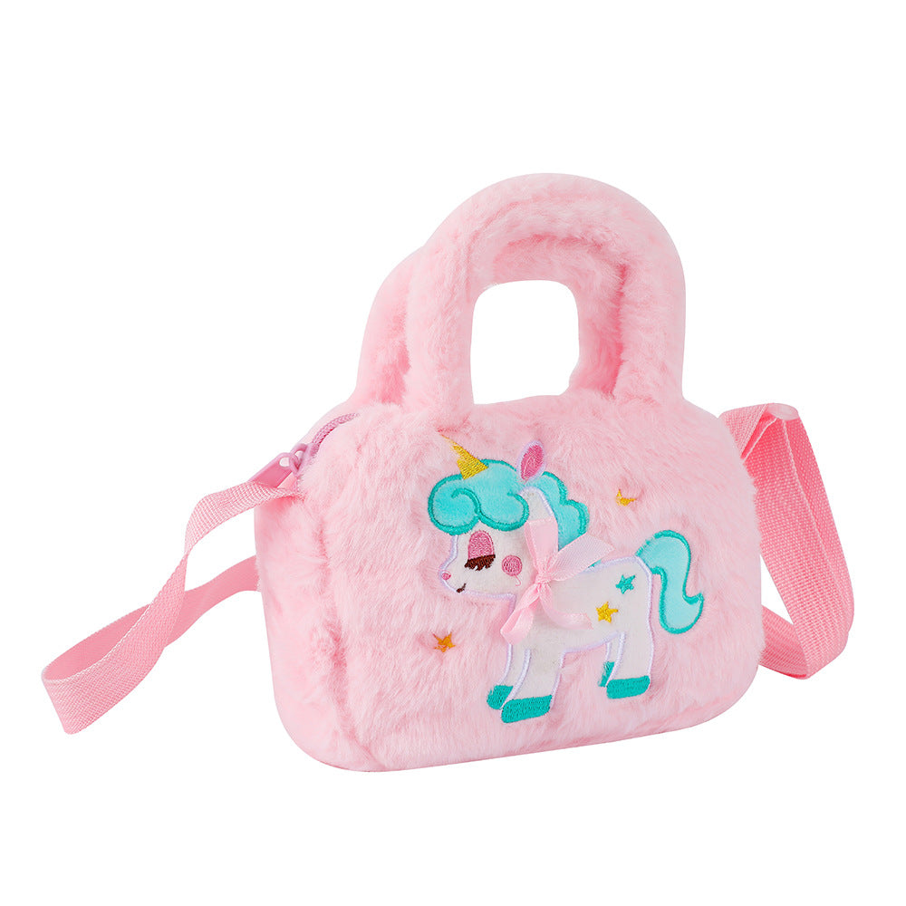 Girls Unicorn Embroidery Plush Handbag Shoulder Bag Messenger Bag