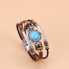 Green Turquoise Beaded Leather Bracelet Stainless Steel Buckle