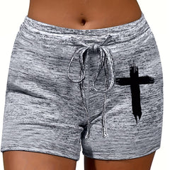 Cross Print Casual Drawstring Waist Shorts Spring & Summer Women's Clothing